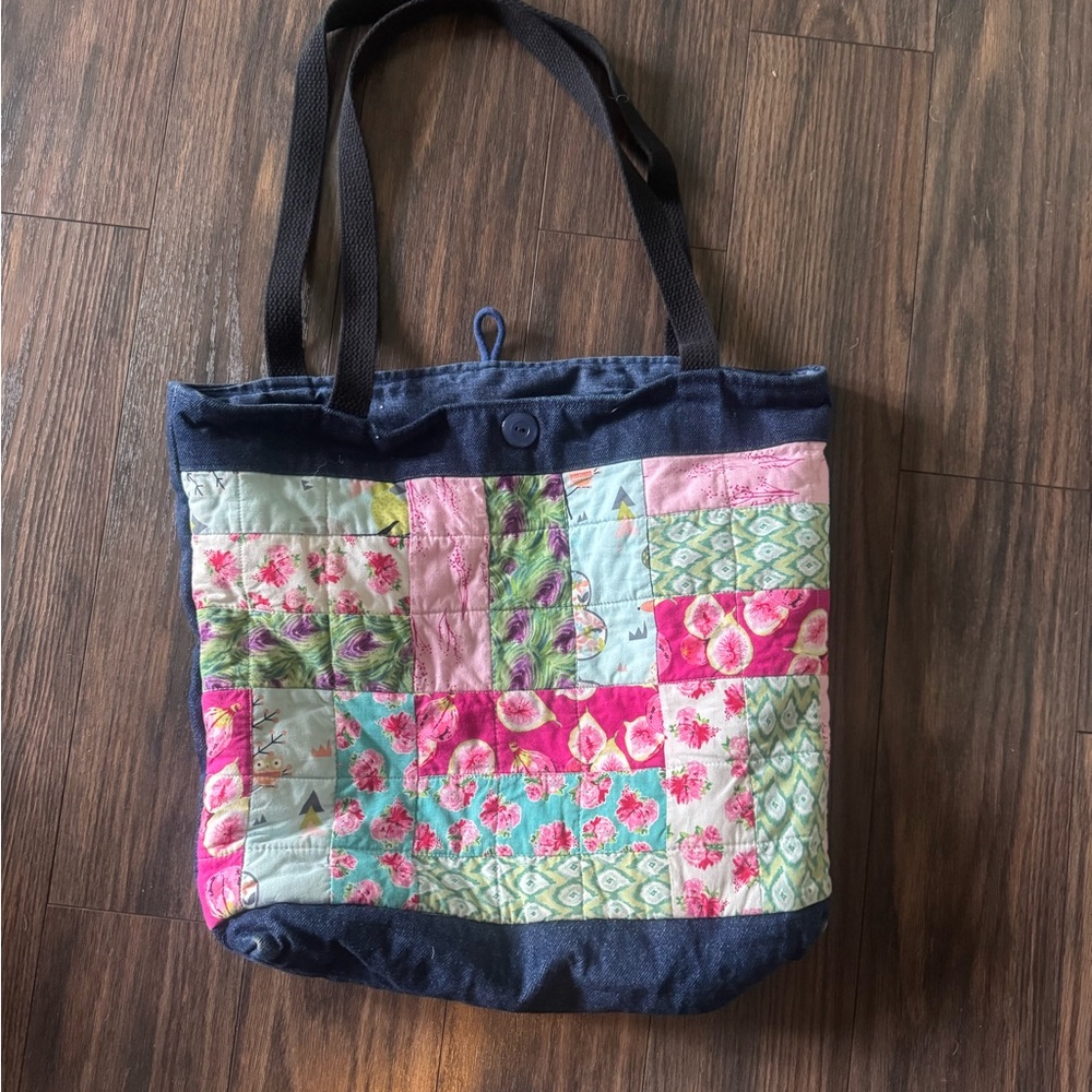 Patchwork Tote Bag with Black Straps